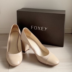 Foxey チャンキーヒールパンプス 36.5 フォクシー Daisy Lin デイジーリン パテント カーフ レザー ピンクベージュ 23.5cm 