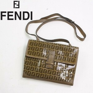 ヴィンテージ◆FENDI/フェンディ PVC×レザー ズッカ柄 斜め掛け ショルダー バッグ ベージュ×ブラウン