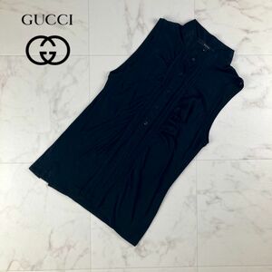 GUCCI グッチ バンドカラーシャツ ノースリーブ プリーツギャザー トップス レディース 黒 ブラック サイズS*LC1161