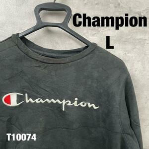 【中古】Champion ブラック スウェット トレーナー L 長袖 刺繍ロゴ 裏起毛 レディース RN82382 USA 海外輸入 古着 T10074