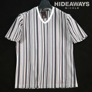 新品1円～★HIDEAWAYS NICOLE ハイダウェイ ニコル メンズ 半袖 マルチストライプVネックTシャツ 46 M 白 カットソー ◆1014◆