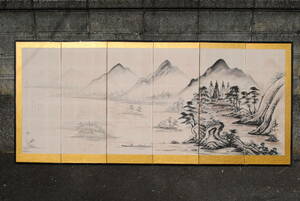 太8　昭和レトロ　日本画　水墨画　山水　6面　屏風　高1158　全体幅2595　厚み15ミリ