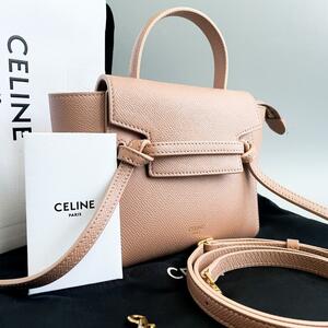 極美品・人気モデル CELINE セリーヌ ハンドバッグ ベルトバッグ ナノ ショルダーバッグ 2way トップハンドル レザー ベージュ 保存袋