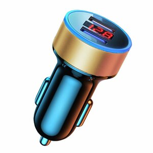 【ゴールド】 USB車載充電器 デジタル電圧計 USB 2ポート 数字電圧計 シガーソケット