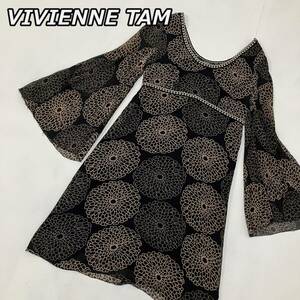 【VIVIENNE TAM】ヴィヴィアンタム シルク100％ フラワー 花柄 袖フレア ショート ワンピース ラウンドネック 左ファスナー 黒 ブラック