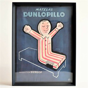 DUNLOPILLO 1951年 マットレス SAVIGNAC サヴィニャック イラスト フランス ヴィンテージ 広告 額装品 レア フレンチ ポスター 稀少