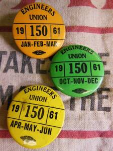 ⑤1961年 ビンテージ ３個セット ENGINEERS UNION (IUOE) 缶バッジ /ユニオンメイド/30S40S50S/ワーカー/ワークウェアー