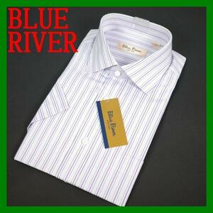 BLUE RIVER半袖 セミワイドカラーシャツ 39 ストライプ 綿白パープル