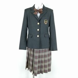 1円 ブレザー チェックスカート リボン 上下4点セット L 冬物 女子 学生服 京都西京高校 グレー 制服 中古 ランクB NA1245