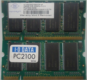 I・O DATA PC2100 SDD266-256M + NANYA DDR333 256MB CL2.5 PC2700S-25330 合計512MB 　　ノート用 メモリ DIMM DDR SDRAM