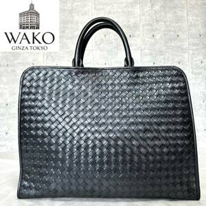 美品 WAKO ワコウ 銀座 和光 イントレチャート ブラック レザー シルバー金具 A4 ハンドバッグ トートバッグ ショルダーバッグ 