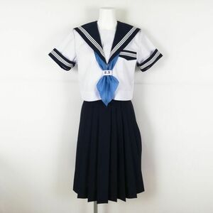 1円 セーラー服 スカート スカーフ 上下3点セット 夏物 白3本線 女子 学生服 大阪成蹊女子高校 白 制服 中古 ランクB NA1491