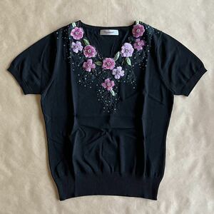 美品 Yiyunerdi 半袖 ニット ブラック フリーサイズ ビーズ スパンコール 装飾 花柄 @b084