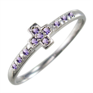指輪 クロス デザイン アメジスト(紫水晶) 2月の誕生石 18金ホワイトゴールド