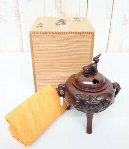 伝統工芸　工芸美術　仏具 ＊美術品　鋳銅　 　高足三足香炉　香炉　 ＊獅子蓋　獣双耳 ＊秀精　銘　在銘 ＊共箱　共布付　　