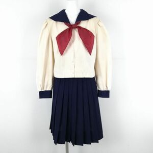 1円 セーラー服 スカート 上下3点セット 170A 大きいサイズ 中間服 黒ステッチ2本線 池田学園池田中学高校 オフ白 中古 ランクC NA4998