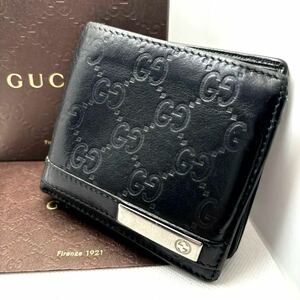 【付属品完備☆小銭入れ付き】グッチ GUCCI 二つ折り財布 シマレザー インターロッキング 本革 ブラック 黒 シルバープレート メンズ