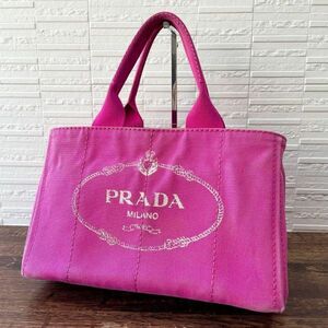 プラダ PRADA ロゴ カナパ M トート ハンド バッグ キャンバス ピンク