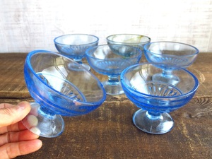 A699　氷コップ　青色ガラス　型ガラス　六客　昭和レトロ　大正ロマン