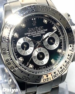 天然ダイヤモンド付き 新品 JAPAN KRAFT ジャパンクラフト 腕時計 正規品 クロノグラフ コスモグラフ 自動巻き 機械式 シルバー ブラック
