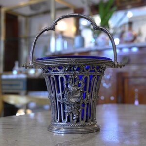 【凛々しく机を飾りたい方へ】花瓶 キャンディーバスケットフランス19世紀ブルーガラスキャンドルローソクアンティークインテリア置物 照明