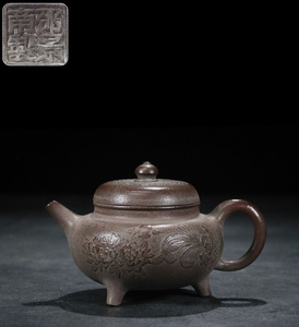 茶器 紫砂壷 「邵景南」 在銘 段泥 「泥絵三足壺」 急須 常滑 茶壷 煎茶道具 唐物 時代物 秘蔵級 古陶芸 Au-078