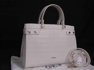 1円 ■極美品■ FURLA フルラ レディ クロコダイル型押しレザー 2WAY ハンドバッグ ショルダー 斜め掛け レディース ホワイト系 AZ2534