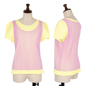 プリーツプリーズPLEATS PLEASE 折返しレイヤードプリーツTシャツ 黄ピンク3 【レディース】