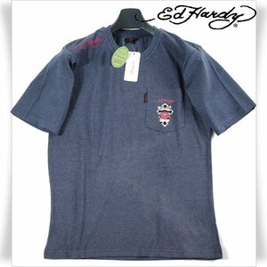 新品1円～★Ed Hardy エドハーディー メンズ 半袖 コットン綿 天竺 ポケット付き Tシャツ L ネイビー クルーネック カットソー ◆1744◆