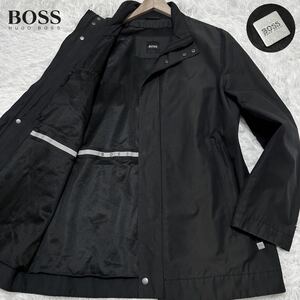 希少XLサイズ(50)●HUGO BOSS ヒューゴボス ステンカラー スタンドカラー スプリング ロング ジャケット ビジネス 黒 比翼 メンズ 春秋冬