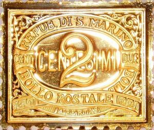 7 サンマリノ 2サンチーモ 紋章 最初の切手 コレクション 記念品 国際郵便 限定版 純金張り 24KT ゴールド 純銀製 スタンプ アート メダル
