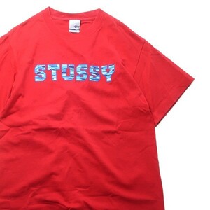 ストリート! 90s USA製 Old Stussy ステューシー ヴィンテージ カモフラ柄 ロゴ プリント Tシャツ レッド 赤 Sサイズ メンズ 希少 当時物