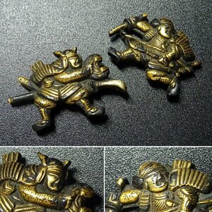 秀逸 刀装具 戦武者図目貫 無銘 京金具師系 赤銅地 容彫 金銀色絵 侍 SAMURAI TS102 【検 鐔鍔小柄笄縁頭