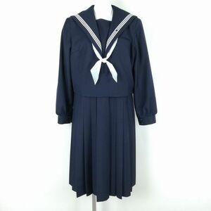 1円 セーラー服 ジャンパースカート 上下3点セット 指定 大きいサイズ 富士ヨット 冬物 白3本線 福岡香椎高校 紺 中古 ランクC EY7972