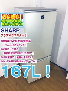 送料無料★超美品 中古★SHARP 167L 除菌・消臭!! 高濃度プラズマクラスター7000「どっちもヒンジ」冷蔵庫【SJ-PD17T-N】DBWY