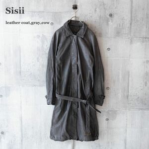 【Sisii】シシ　レザーコート　ステンカラーコート　牛革　比翼　グレー　S