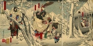 【フルサイズ版】三国志 三顧の礼 「三国志図会内 玄徳風雪ニ孔明ヲ訪フ」 月岡芳年 壁紙ポスター 特大1164×576mm はがせるシール式 002S1