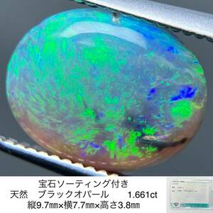 宝石ソーティング付き 天然　ブラックオパール 1.661ct 縦9.7㎜×横7.7㎜×高さ3.8㎜ 2302S