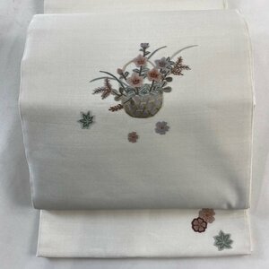 袋帯 秀品 花籠 楓 相良刺繍 クリーム お太鼓柄 正絹 【中古】