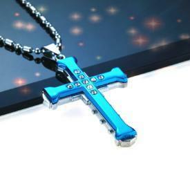 【N085】ネックレス　メンズ 　ブルー　青　クロス　十字架　アクセサリー ファッション　お洒落
