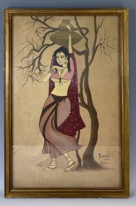 【模作】KAMAL「インド　踊り子」 女性像 美人 ラジャスタン ダンス アジア 絵画 インテリア キャンバス地 額入 サイン有 y18043500