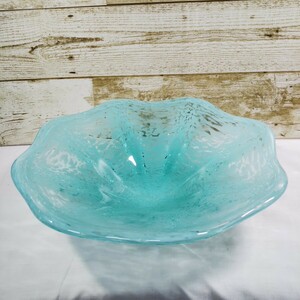 ART GLASS アートグラス 大皿 花瓶 ガラス製　飾り皿　淡雪　水色 エメラルドグリーン