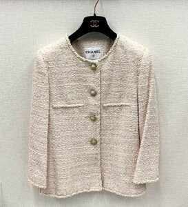 □■CHANEL　シャネル　ノーカラー　ジャケット　40サイズ　ツイード　淡いピンク色　ラインストーン　ココマーク　792254■□