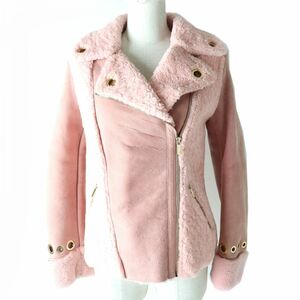 良品△正規品 Blumarine ブルマリン レディース WQ0215302 ハトメ金具 ムートン ライダース ジャケット 羊革 ピンク 40 定価385,000円 伊製