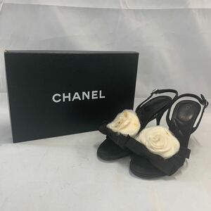 【CHANEL】シャネル カメリア リボン サンダル ピンヒール ブラック 黒 ホワイト 白