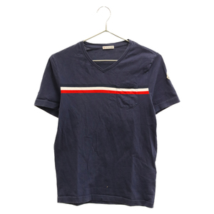 MONCLER モンクレール MAGLIA SCOLLO A V B10918100100 トリコロール ワッペン Vネック ポケット 半袖Tシャツ ネイビー