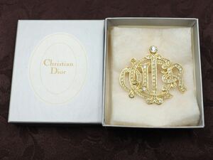 【極美品】箱付き Dior ブローチ 旧ロゴ ゴールドカラー ヴィンテージ クリスチャンディオール アクセサリー 4’4’5