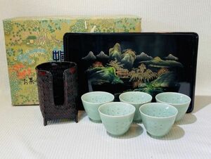 kmn03▼骨董 陶器 中国 茶器セット 5客セット 中国景徳鎮製 茶道具 お土産品 コレクション 外箱付▼