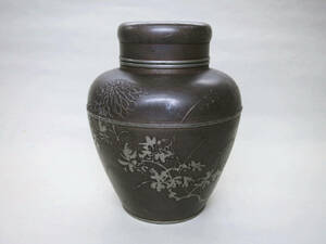 [大幸]　林亨瑞製　古錫菊花詩文画龍文蓋茶心壷　古い！！良品　高さ12cm　時代道具　煎茶道具　煎茶具　古玩