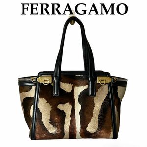 【大特価!!】FERRAGAMO フェラガモ ガンチーニ ハラコ×ブラックレザー ハンドバッグ レオパード ヒョウ 春 桜 お花見 ブランド 鑑定済み■